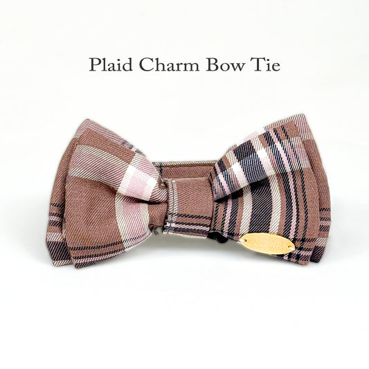 チェック柄リボンとゴールドタグ付き犬用アクセサリ
