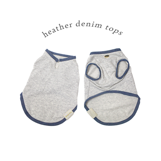 ヘザーグレー生地にデニムパイピングの犬用トップス
